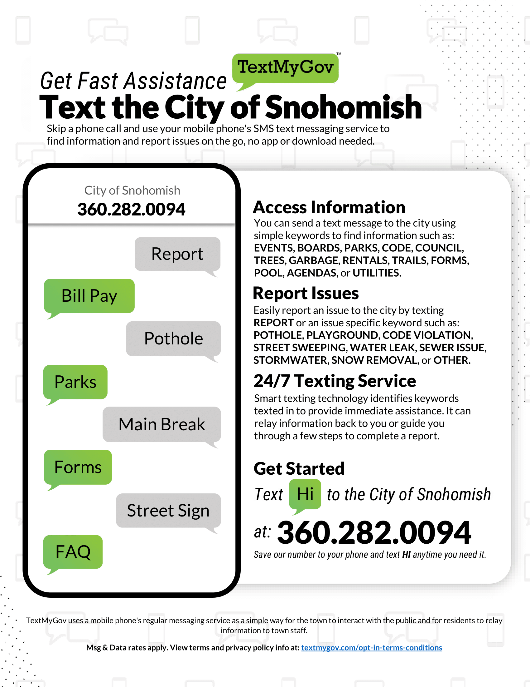 A banner image that explains how to use TextMyGov and report issues to the City
