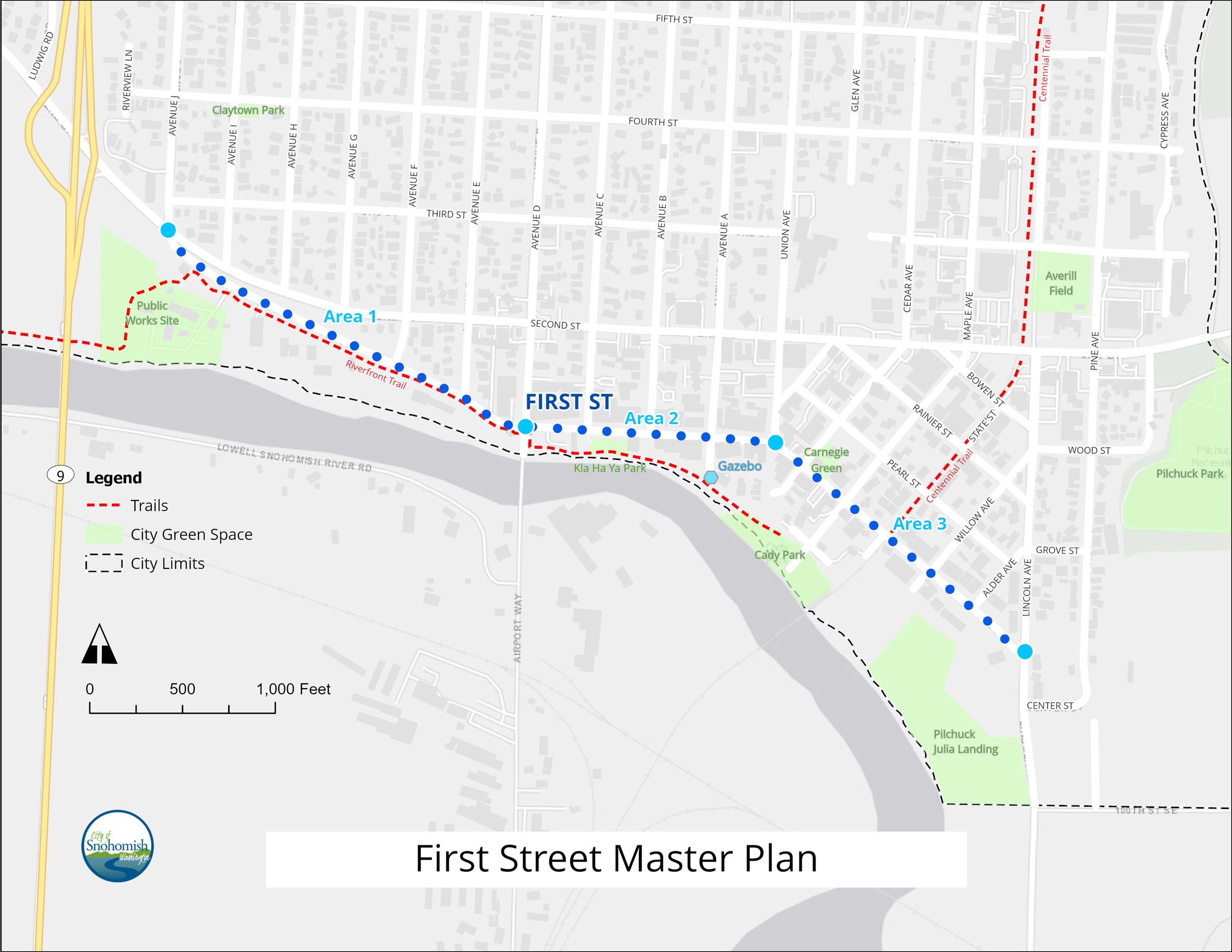 A map of the First Street Master Plan Project Area
