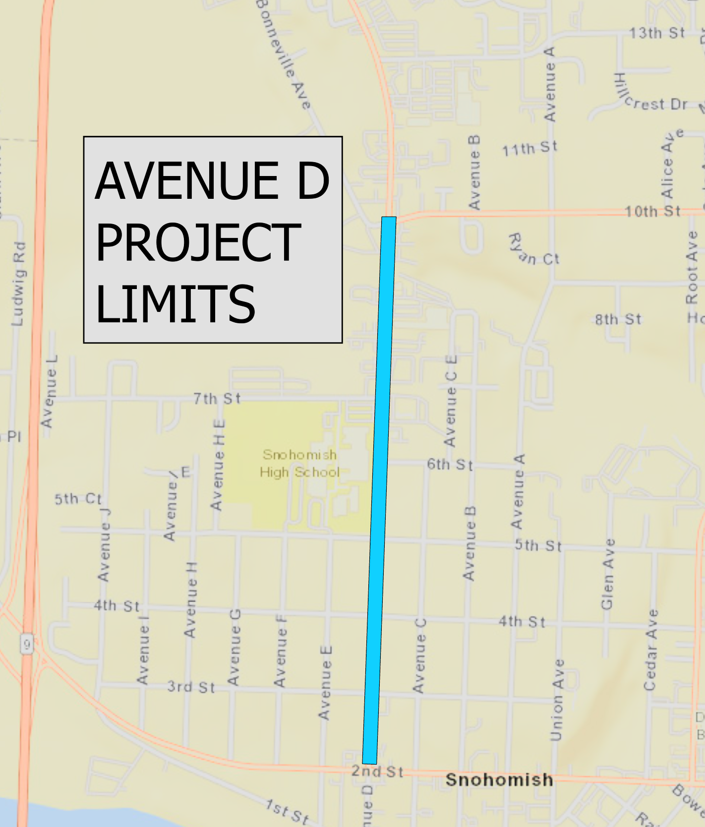 PNG picture of Avenue D project limits from Second Street to Tenth Street.