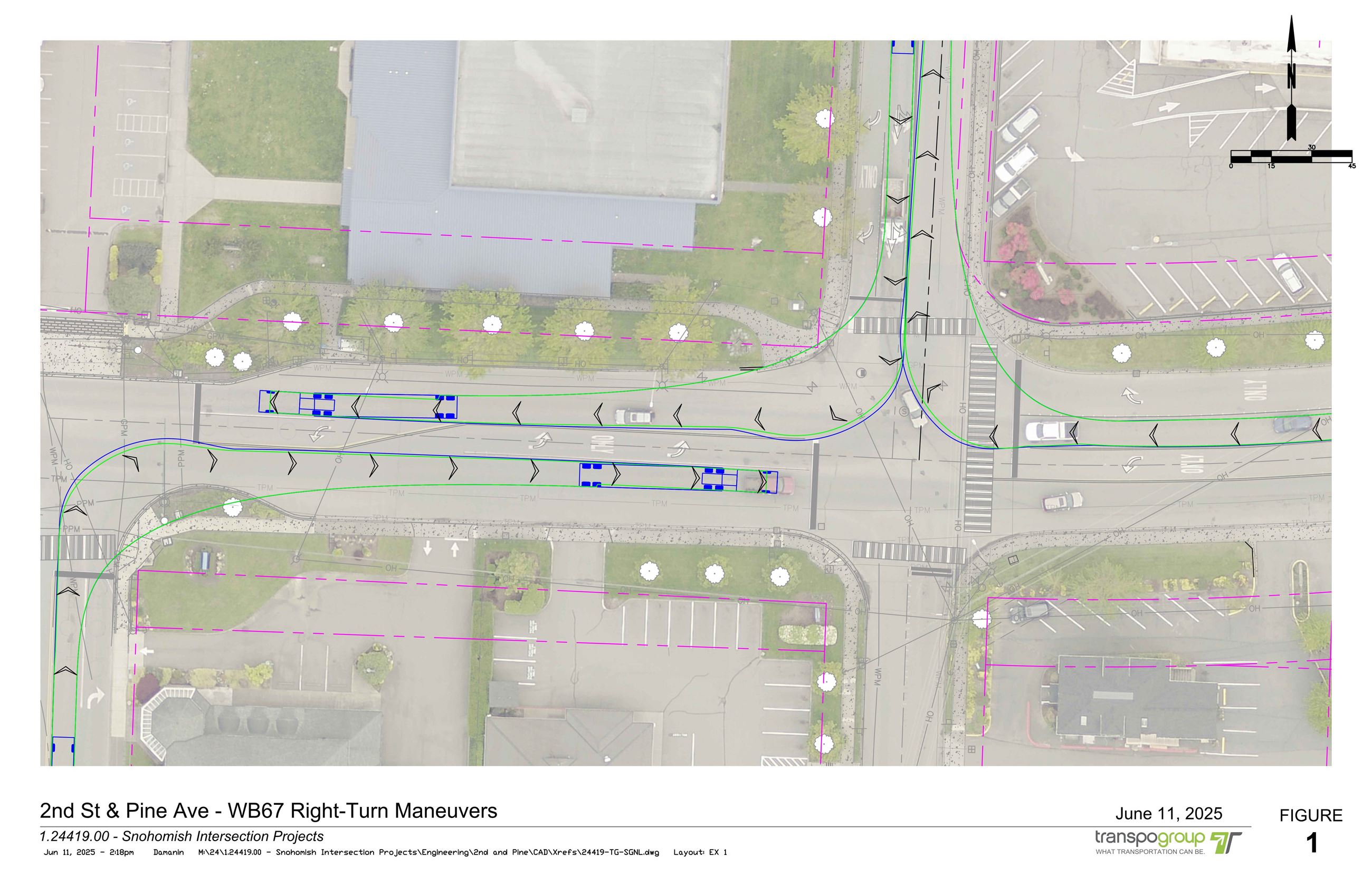 JPG image of existing Second Street and Pine Avenue with large truck W-67 turning movements shown.